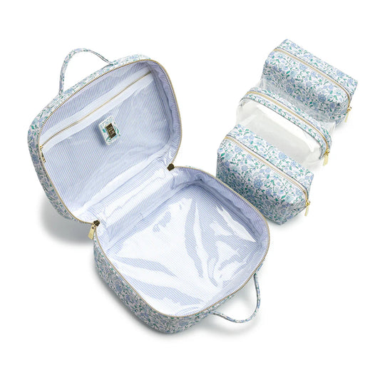 LUXE TRVL 2 COSMETIC TOILETRY CASE - HAMPTONS FLORAL WITH CHAMBRAY PINSTRIPE LINER