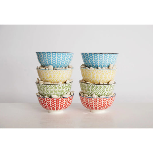 Hand-Stamped Stoneware Bowl, 4 Colors