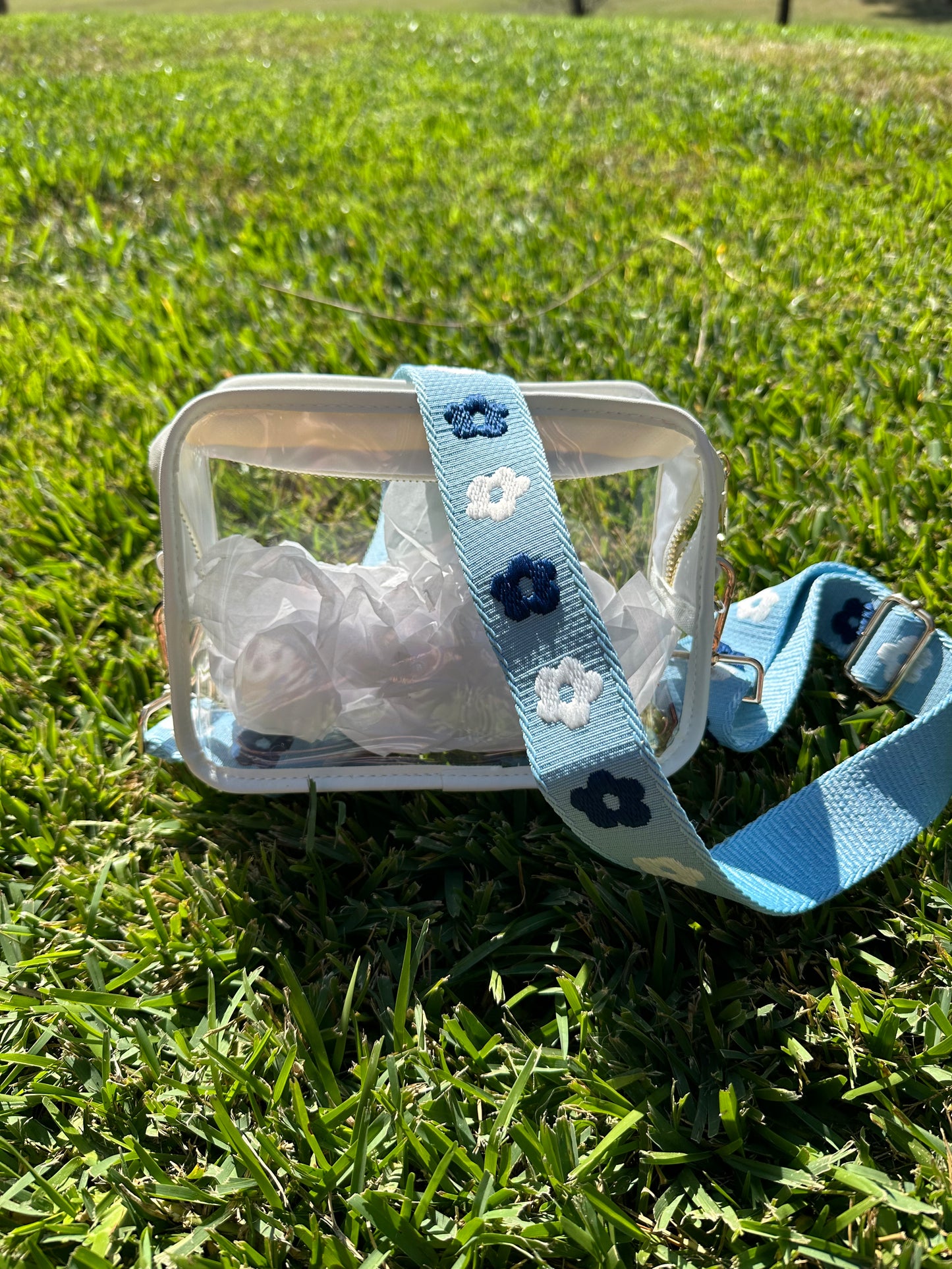 Clear Crossbody Bag + Blue Floral Strap