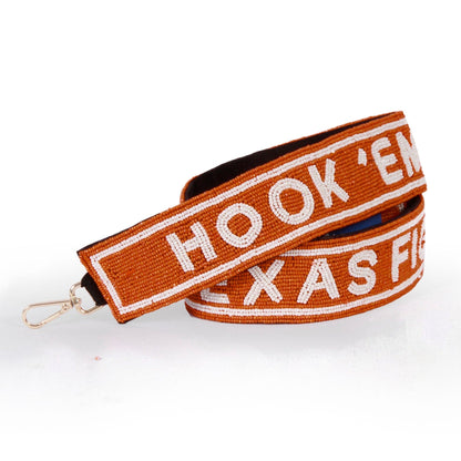 HOOK EM BEADED PURSE STRAP FOR TEXAS LONGHORNS IN BURNT ORANGE AND WHITE
