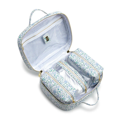 LUXE TRVL 2 COSMETIC TOILETRY CASE - HAMPTONS FLORAL WITH CHAMBRAY PINSTRIPE LINER