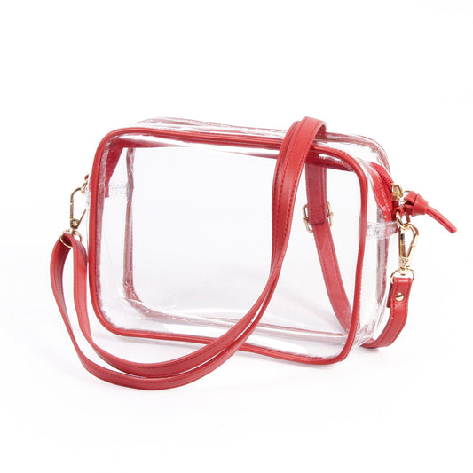 BRIDGET CLEAR PURSE WITH VEGAN LEATHER TRIM AND STRAPS - CRIMSON
