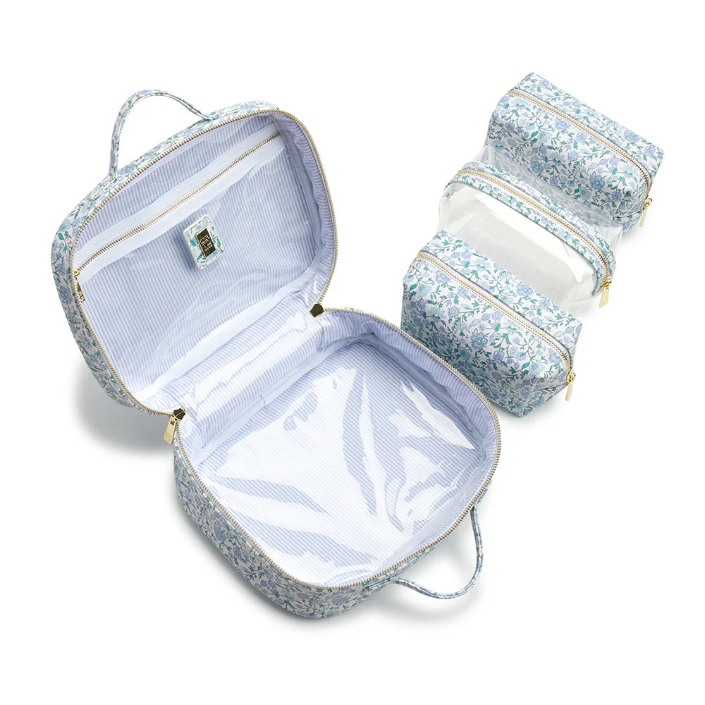 LUXE TRVL 2 COSMETIC TOILETRY CASE - HAMPTONS FLORAL WITH CHAMBRAY PINSTRIPE LINER